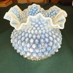 VTG 40’s-50’s Fenton Blue Opalescent Hobnail Vase Rose Bowl 5" Ruffled Edge